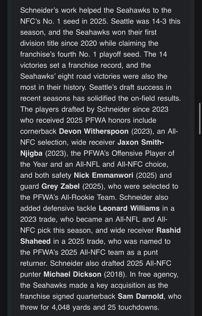 MikeDugar's tweet image. #Seahawks GM John Schneider has been named 2025 Executive of the Year by the Pro Football Writers of America (@PFWAwriters). 

It’s the first time John has won this award.