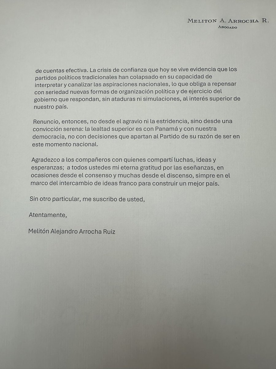 Panameñista por coherencia con mi compromiso con la democracia y el Estado de derecho. El Partido no ha cumplido el mandato ciudadano de ejercer una oposición firme e independiente. Mi compromiso es con Panamá.