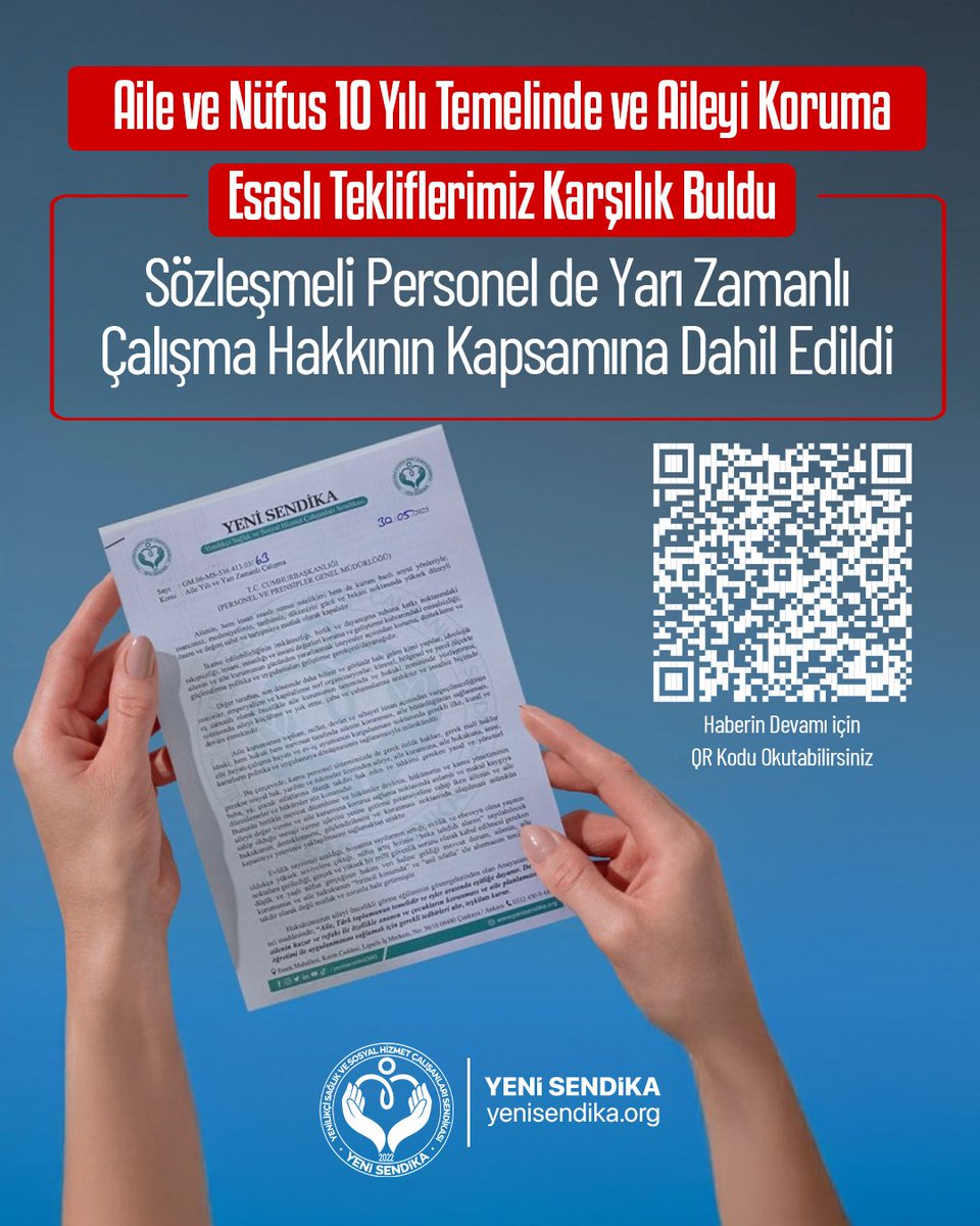 Aile ve Nüfus 10 Yılı vizyonu doğrultusunda sunduğumuz teklifler karşılık buldu.
Aileyi koruma ve ev–iş uyumunu güçlendirme temelindeki ısrarlı çalışmalarımız sonucunda, sözleşmeli personel de doğum ve evlat edinme sonrası yarı zamanlı çalışma hakkı kapsamına dahil edildi.