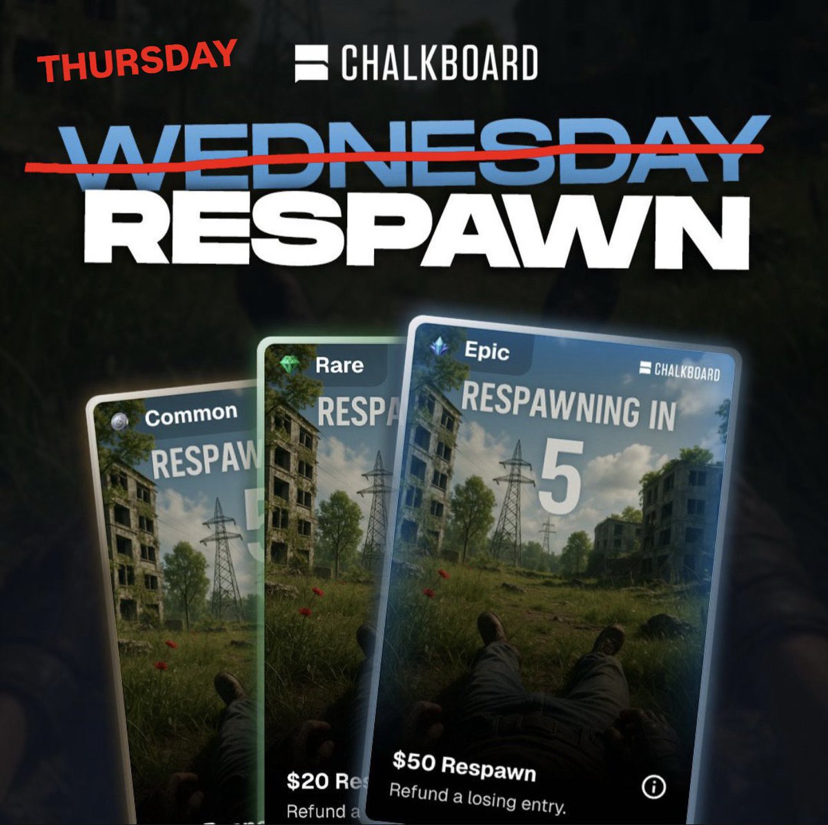 ChalkboardHQ's tweet image. Thursday Respawn 🦾 

We're giving away 10 Respawn Cards today! To enter, just repost &amp;amp; reply with the following:
         
🔺 Your Chalkboard username
🔺 A pick of a losing entry
🔺 Must follow us @ChalkboardHQ