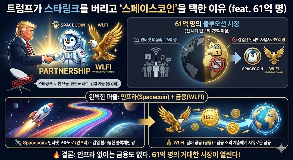 web3_NFT_M2E's tweet photo. 트럼프가 스타링크를 버리고 스페이스코인을 택한 이유 (feat. 61억 명)
#WOULDU $SPACE
월드리버티파이낸셜(@worldlibertyfi )과 스페이스코인(@spacecoin)의 파트너십이 발표됐습니다.
스페이스코인을 제대로 모르는 사람들이라면 "우주 인터넷? 그냥 머스크의 스타링크 쓰면 되는 거 아냐?"라고 생각할 수 있습니다.
저도 스페이스코인에 대해 공부하지 않았다면 마찬가지 반응이었겠죠?
하지만 타겟 시장을 뜯어보면 트럼프의 큰 그림이 보입니다.
1. 스타링크는 못 먹는 61억 명의 시장
스페이스코인은 단순한 위성 코인이 아닙니다. 인터넷이 없거나 검열당하는 사람들을 위한 DePIN(물리적 인프라) 프로젝트입니다.
- 인터넷 미접속 인구: 26억 명
- 검열된 인터넷 사용자: 35억 명
합계: 61억 명 (전 세계 인구의 75% 이상)
스타링크가 비싼 요금으로 선진국을 노린다면 스페이스코인은 지구상의 절대다수(Blue Ocean)를 독점하러 갑니다.
2. WLFI의 딜레마 해결: "길이 있어야 돈이 돈다"
WLFI의 목표는 금융 소외 계층에게 달러 공급입니다. 하지만 그들은 인터넷조차 안 터지는 오지에 삽니다. 인터넷이 없으면 디파이(DeFi)도 불가능하죠.
그래서 이 둘의 만남은 필연입니다.
🛰️ Spacecoin: 26억 명에게 인터넷망 제공 (인프라)
💰 WLFI: 그 인프라로 달러를 흘려보낸다. (금융)
3. 검열 없는 자유
중앙화된 스타링크는 국가 검열에서 자유롭지 못합니다. 하지만 스페이스코인은 검열 불가능한 블록체인 망입니다.
"35억 명에게 자유로운 인터넷과 금융을 동시에 준다."이것이야말로 트럼프가 노리는 진짜 금융 패권입니다.
결론: 가장 완벽한 퍼즐 인프라(Spacecoin) 없이는 금융(WLFI)도 없습니다.
"전 세계 인터넷 미접속 인구에게는 '연결'을 금융 소외 계층에게는 '달러'를."
이 둘은 서로를 완성하는 가장 완벽한 퍼즐 조각입니다.
26억 명의 미접속 인구를 세상과 연결하고 그들의 손에 미국 달러라는 강력한 금융 수단을 쥐여주는 미래!
우리는 지금 61억 명의 거대한 시장이 열리는 시작점에 서 있습니다.