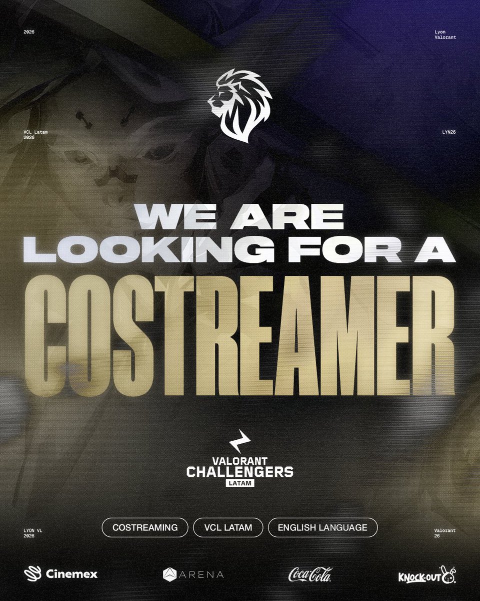 Te estamos buscando 🫵

​¿Quieres transmitir los partidos de LYON en <a href="/VCL_LATAM/">VALORANT Challengers LATAM</a> Norte? Buscamos co-streamers  para nuestro equipo de transmisiones.

​🇺🇸 We are looking for you! Want to co-stream LYON matches? Join our broadcast team.

​Form: forms.gle/TykX3YfJ7LDiKK…