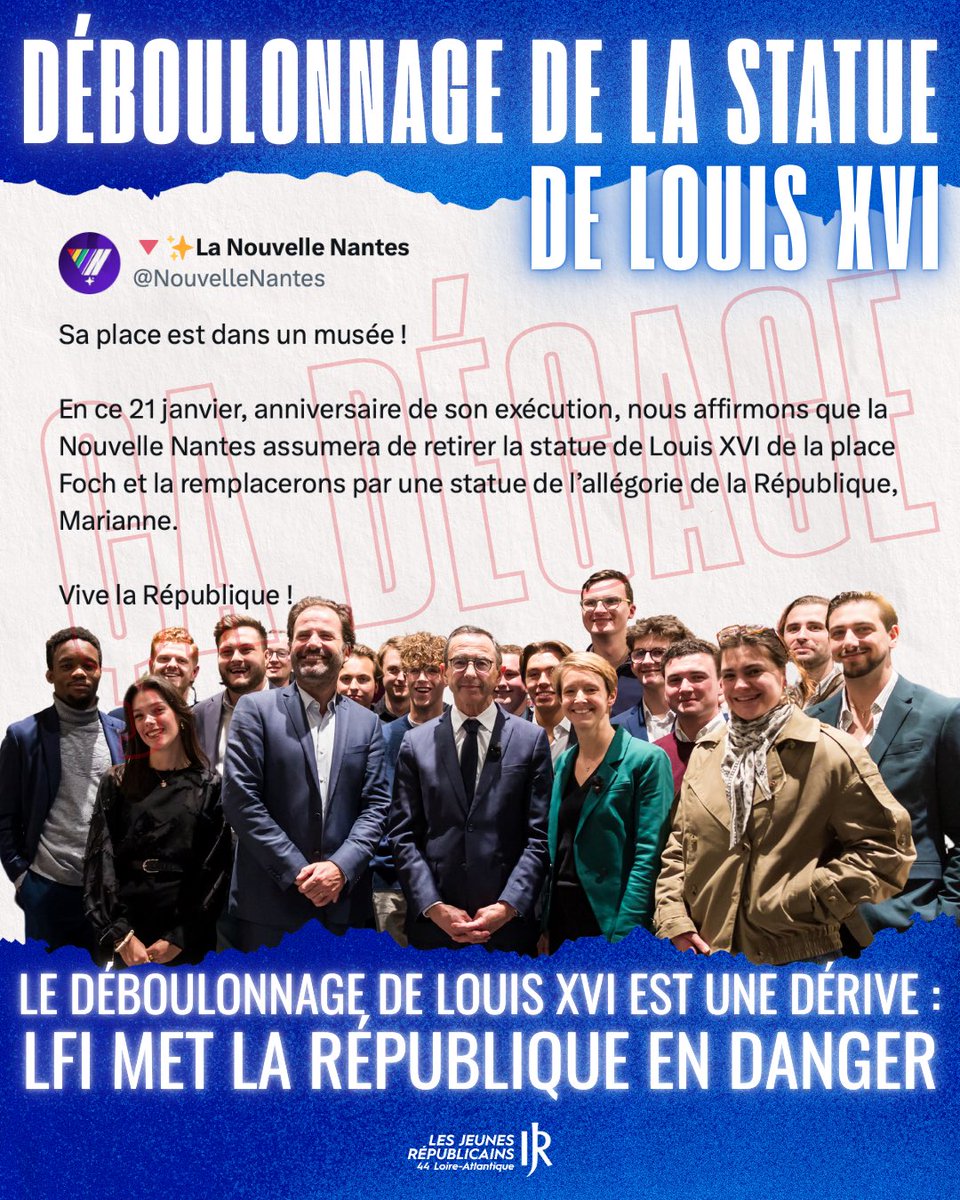 jeunesreps44's tweet photo. L’Histoire ne se déboulonne pas.
La République se défend.

Non au déboulonnage de Louis XVI.
Non à @FranceInsoumise 
#République #Histoire #JeunesRépublicains https://t.co/E5vCh6CCKI