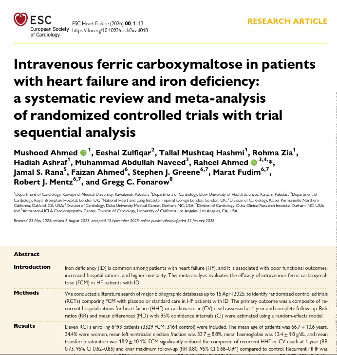MushoodCh's tweet photo. Our new meta-analysis in @ESC_Journals! 🫀

High-certainty evidence supporting IV FCM therapy in #HeartFailure.
📖 Read: https://t.co/CX0bHbgHdG

#Cardiology #IronDeficiency #CardioTwitter

@JamalRanaMD @SJGreene_md @FudimMarat @robmentz @gcfmd https://t.co/txlf8B52KV