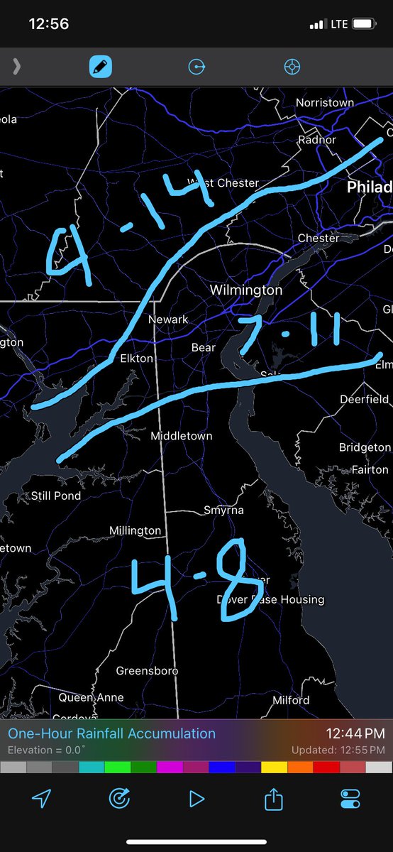 Wilmwx's tweet photo. My initial forecast for late Saturday into Monday. i may be a bit too low, but I worry about dry slotting during these types of storms as the energy transfers to the coastal low. Winter sto watches up for the whole area. https://t.co/yn4pbajnCq