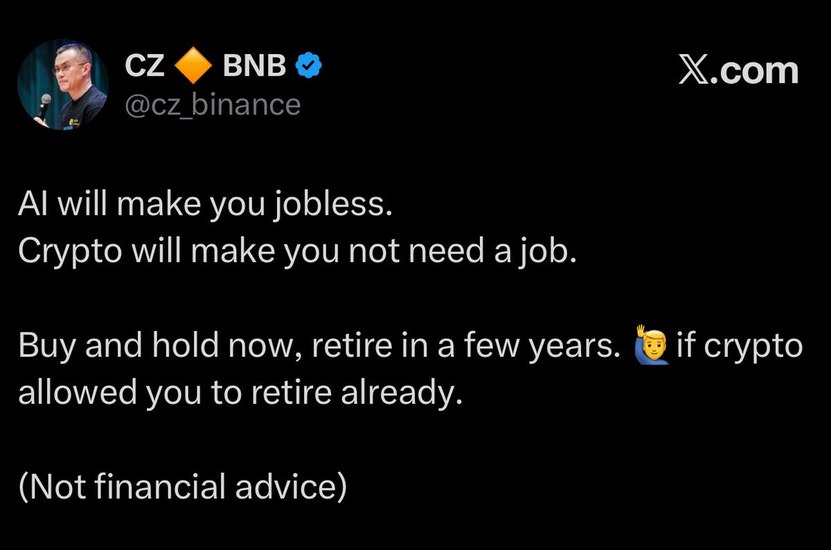 🚨JUST IN: Binance founder CZ says “Buy and hold now, retire in a few  years.”