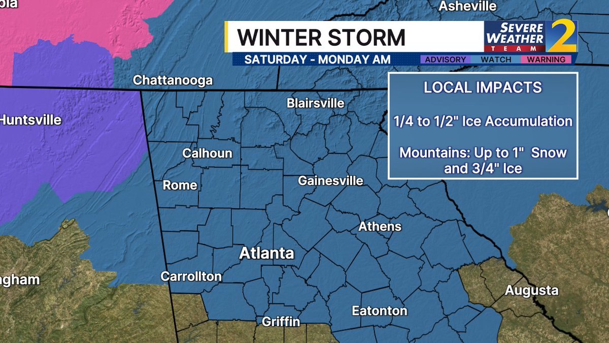 Thursday afternoon update: the winter storm watch has been expanded across metro Atlanta where freezing rain is expected to coat surfaces with 1/4 to 1/2 inch of ice. More ice and a little snow or sleet is possible in the mountains. I'm tracking the winter storm live on Channel 2