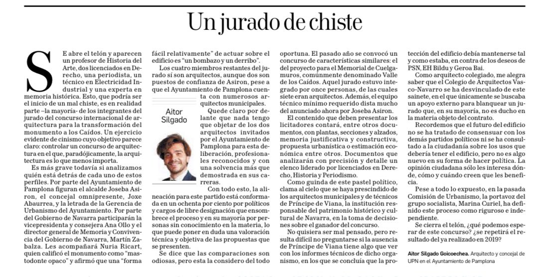 UPN_PNA's tweet photo. 🤔 ¿Qué podemos esperar del concurso de arquitectura para Los Caídos si la mayoría del jurado son un profesor de Historia, dos licenciados en Derecho, una periodista, un técnico en Electricidad Industrial y una experta en memoria histórica? 

✍️ @AitorSilgado en @DiariodeNavarra https://t.co/PsD8ymIT2f