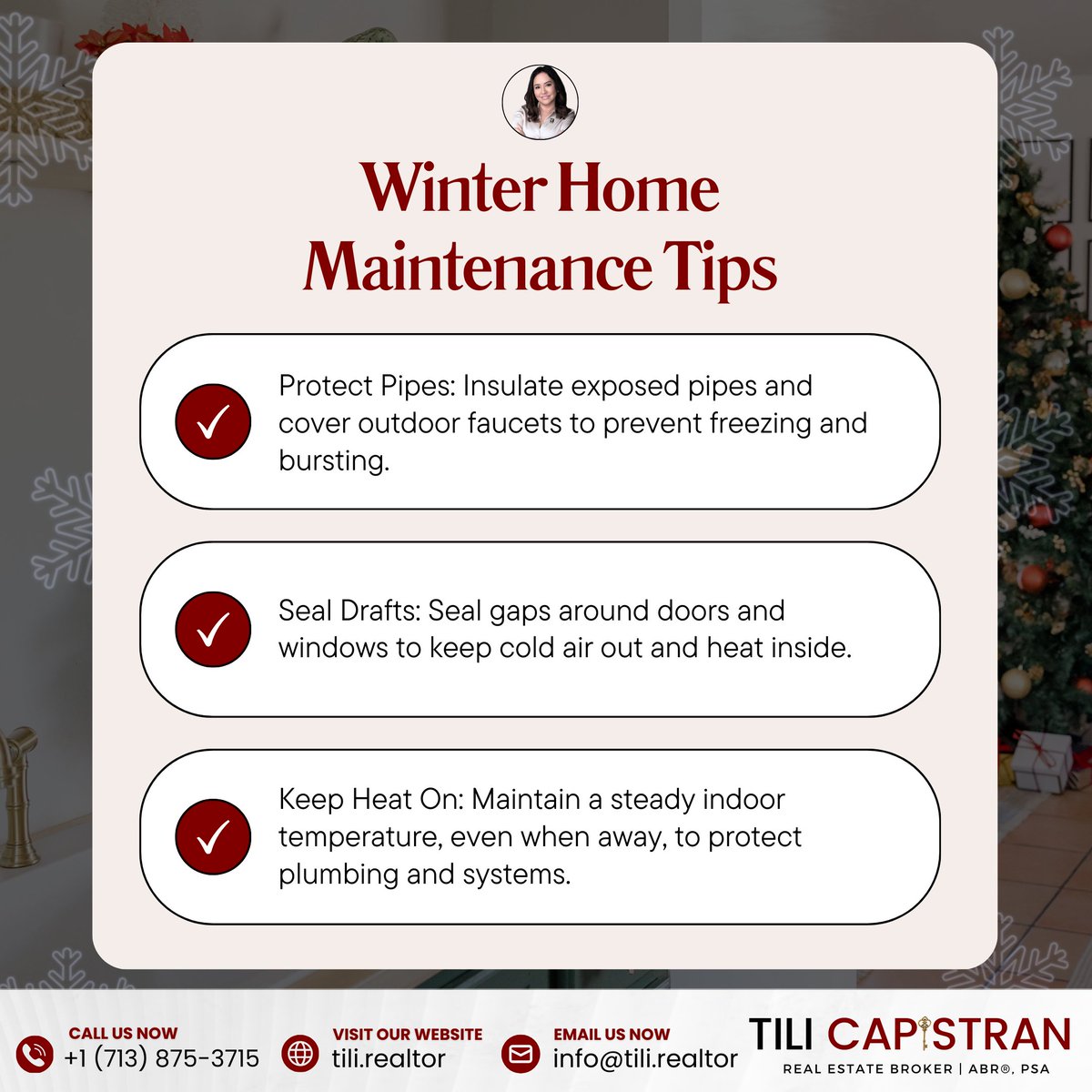 CapistranTili's tweet image. ❄️ Winter Home Maintenance Tips 🏡

A little prep now can save you big repairs later, simple steps to keep your home safe and cozy all winter long.

Need more home tips or thinking about making a move this winter? I’m here to help.

#WinterHomeTips #HomeMaintenance #TalkToTili