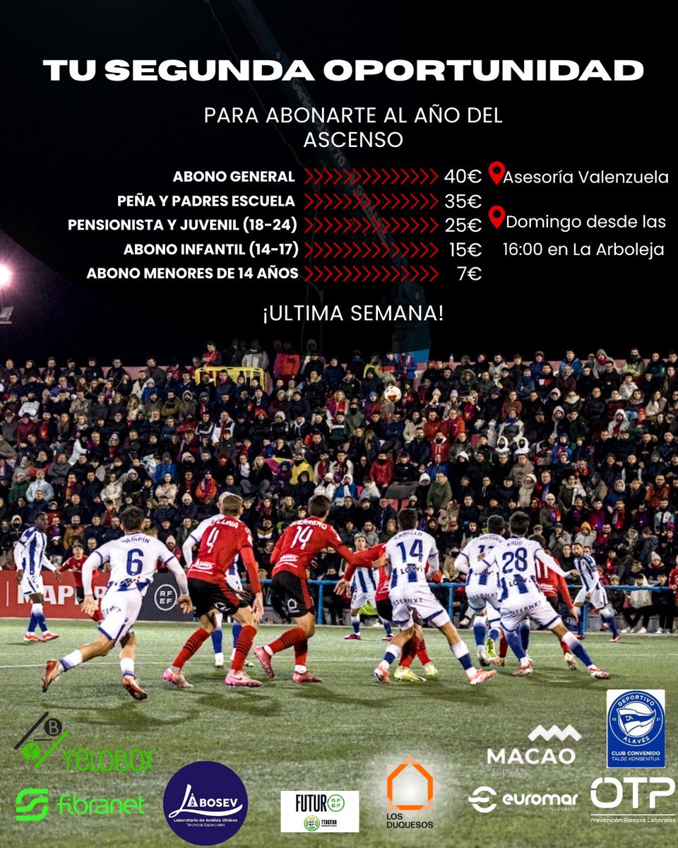 🔴⚫️ TU SEGUNDA OPORTUNIDAD ⚫️🔴

⏳ ÚLTIMA SEMANA ⏳

Ya ha arrancado la segunda vuelta y todavía estás a tiempo de vivirlo desde dentro.
El equipo pelea cada jornada, La Arboleja empuja y el objetivo está más vivo que nunca.

🎟️ Hazte abonado y acompáñanos en el año del ascenso