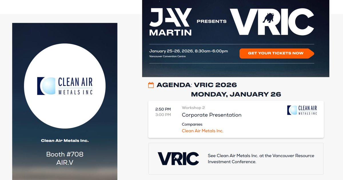 cleanairmetals's tweet photo. Join Clean Air Metals at #VRIC2026 in Vancouver. Come meet Mike Garbutt, President and CEO at booth 708. Mike presents on Monday at 2:50 pm. Register at https://t.co/fQEA1VUnlX #PGM #TBN #Resourceinvesting https://t.co/sL0s0yNkC7