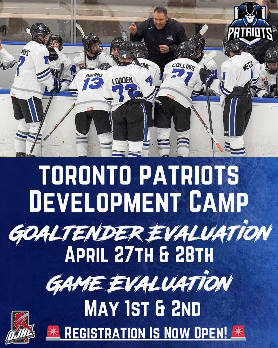 🫡 An opportunity to be evaluated and take the next step.

Registration is now open for the Toronto Patriots 2026 Development Camp.

Goaltender Evaluation
April 27 and April 28

Game Evaluation
May 1 and May 2

Spots are limited.
Register here: torontopatriots.ojhl.ca/home-page/deve…
#fyp #ojhl