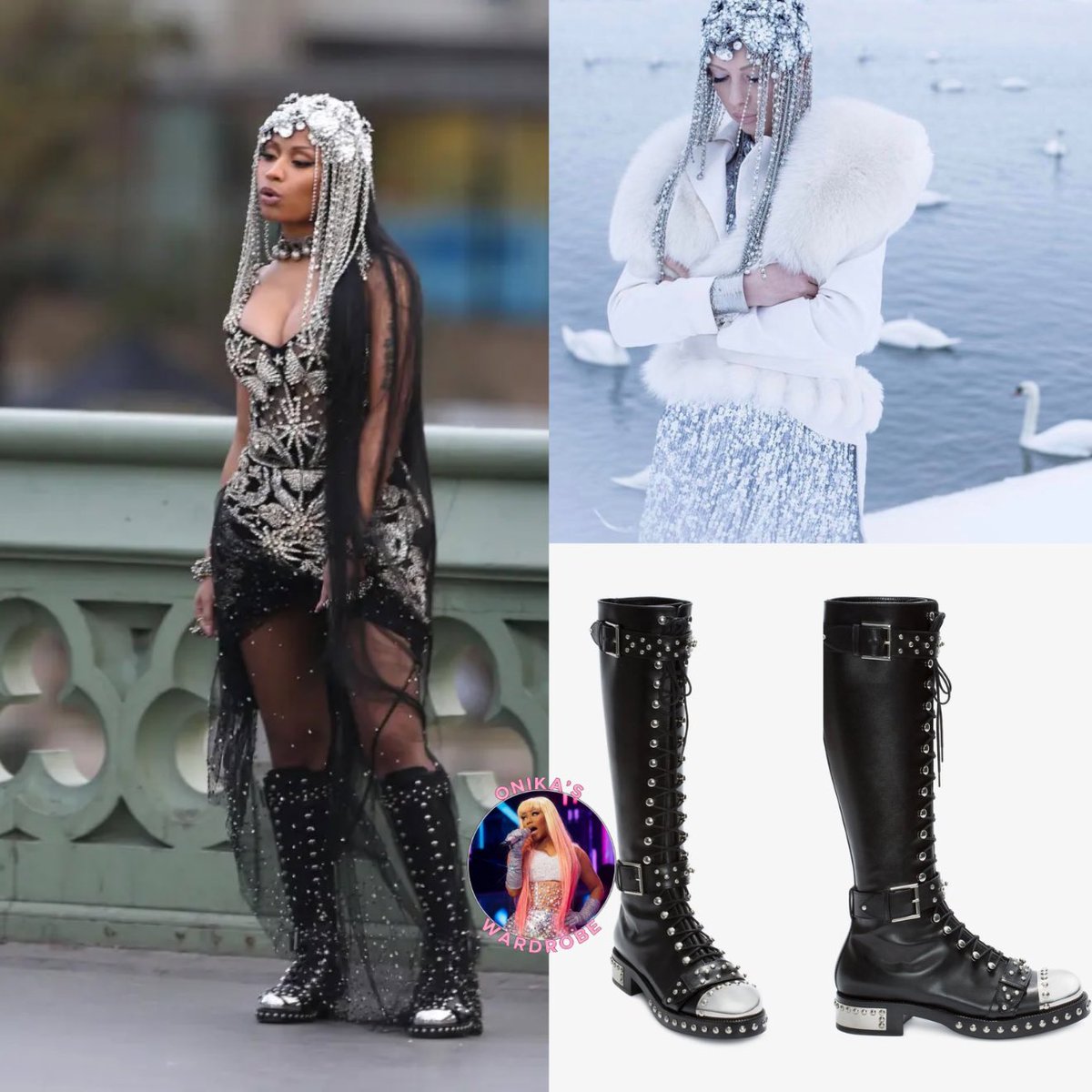 onikaswardrobe's tweet photo. No Frauds Music Video:
Nicki Minaj wearing a Demode Diamond Head Piece, an Alexander McQueen Fall 2016 Embellished gown and $2,695 Hobnail Boots, also by the designer
#NICKIMINAJ #barbie #barbz #nofrauds #style #fashion #alexandermcqueen #demode #trending #nm6 https://t.co/qbPZiVGsXL