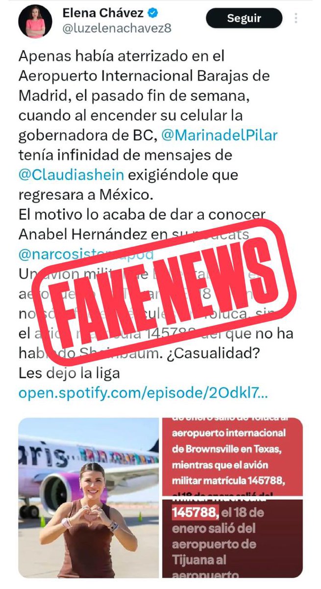 Hoy vuelven con la misma receta: mentiras y guerra sucia para confundir.

Es absolutamente falso que yo haya estado en Madrid: no viajé, no hubo ningún avión militar extranjero en Tijuana, y no existe eso de “mensajes de la Presidenta”.

En la Cuarta Transformación tenemos un