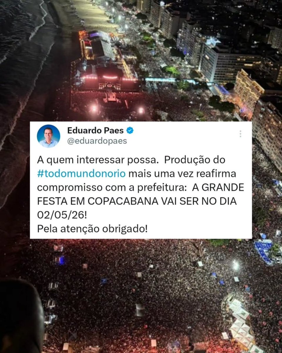 Prefeito do Rio confirma mega show em Copacabana no dia 2 de maio de 2026, mas mantém o artista em segredo 👀🎤
Evento faz parte do projeto Todo Mundo no Rio.
Quem você acha que vem?