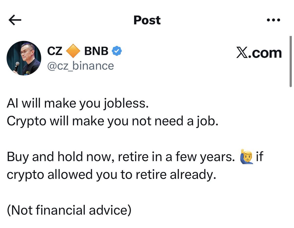 🚨 BREAKING NEWS 🚨 A top #crypto KOL @cz_binance has ignited major  discussion after stating that #AI may replace jobs, while crypto could  eliminate the need for traditional employment altogether. The viral
