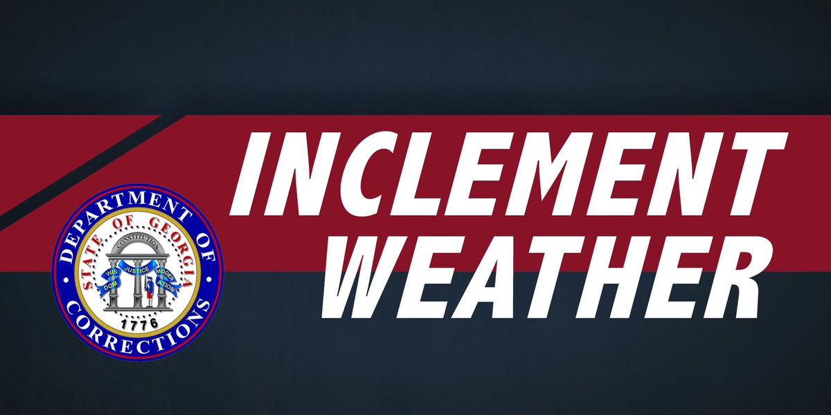 GA_Corrections's tweet image. Due to inclement weather predictions and out of an abundance of caution, visitation at all GDC facilities will be canceled for this weekend, January 24th and January 25th.