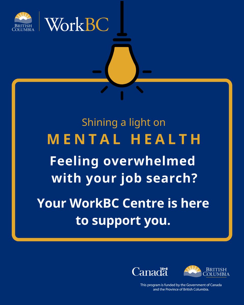 WorkBC's tweet photo. Looking for employment can leave you feeling overwhelmed. You are not alone. Staff at WorkBC Centres can help you navigate your job search. Contact your WorkBC Centre today.
https://t.co/ILZ0FM2599
#WorkBC #BellLetsTalkDay #HereToHelp https://t.co/sCCXIQxoTp