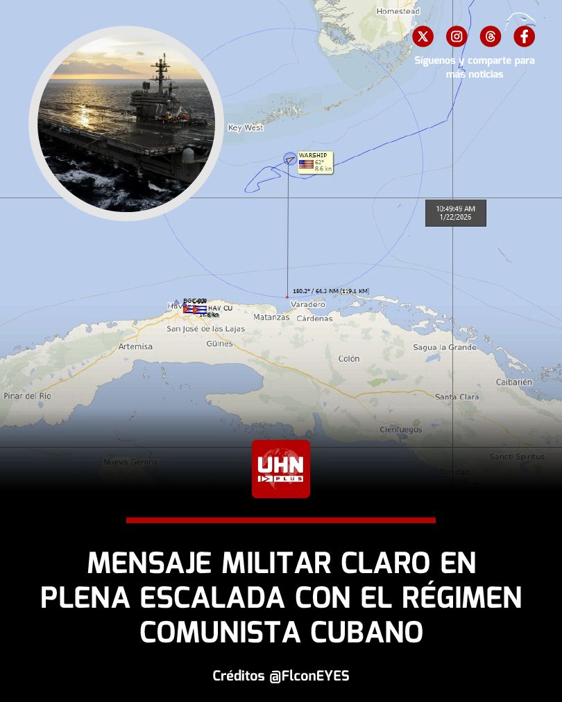 🇺🇸🇨🇺‼️ | ÚLTIMA HORA — En medio de la creciente tensión entre Washington y el régimen comunista cubano, el portaaviones USS George H.W. Bush se encuentra a solo 60 millas náuticas al norte de Cuba, según muestran datos de seguimiento marítimo.