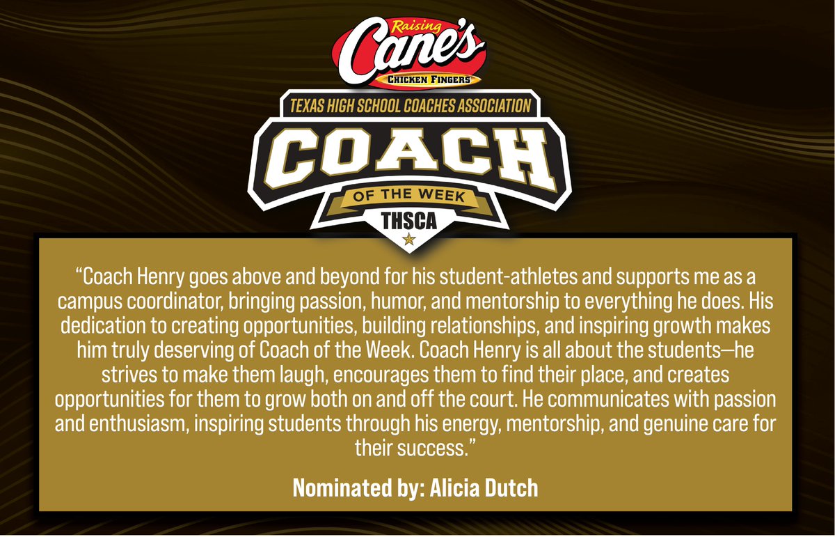 THSCAcoaches's tweet photo. Congratulations to @raisingcanes Coach of the Week, Brian Henry from George Ranch HS!🎉 You make us #THSCAProud! https://t.co/ALhiGC0mMt
