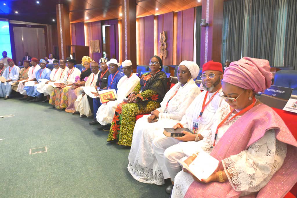 President Tinubu swears in chairman and commissioners of the Federal Character Commission, FCC

Photo 1: President Tinubu congratulates the new Chairman of Federal Character Commission, Hulayat Omidiran after the President inaugurated the Chairman and Commissioners of Federal