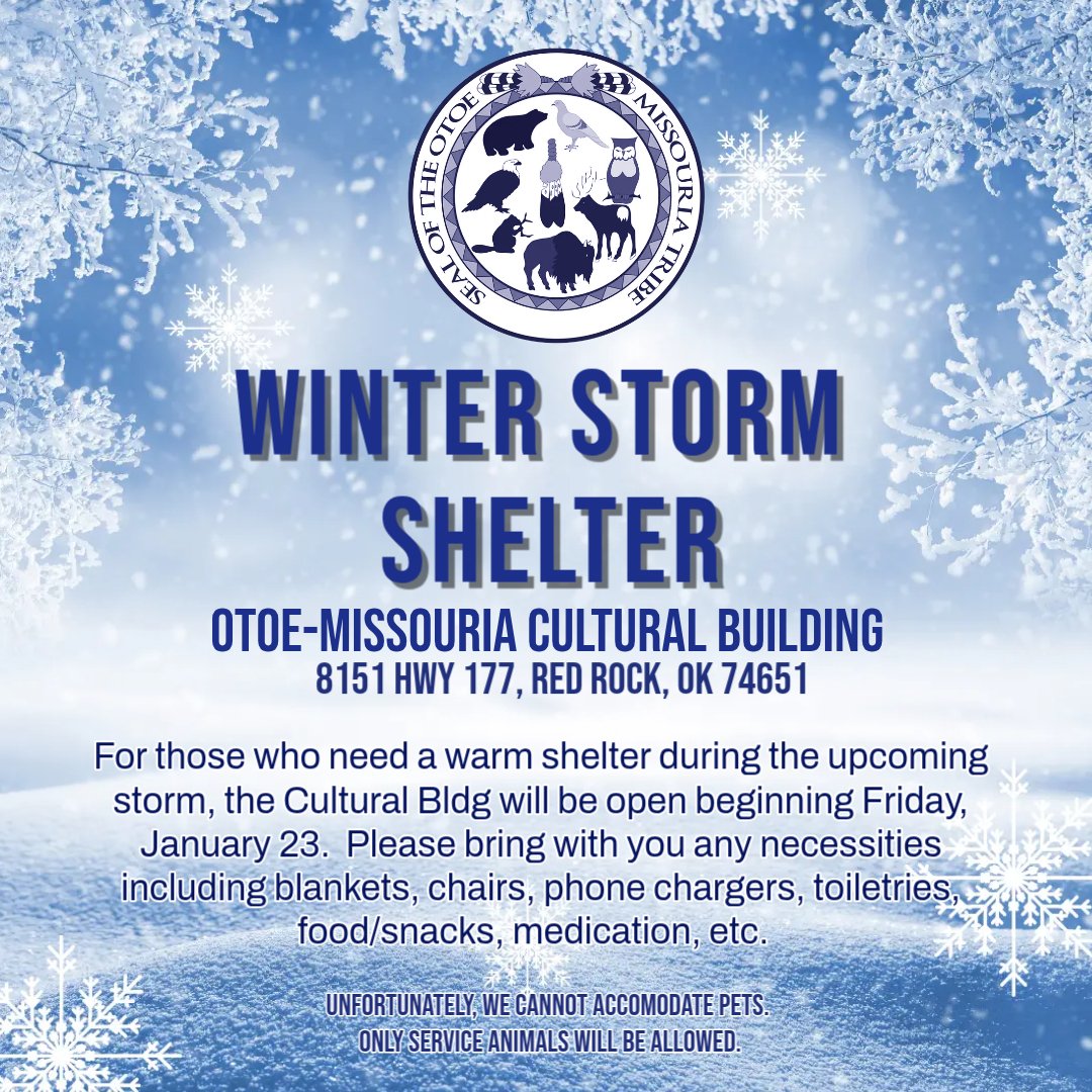 COMPLEX CLOSED FRIDAY--WINTER SHELTER OPENS
❄️ Due to inclement weather &amp; severe temps, the complex will be closed on Friday, January 23rd. The Winter Storm Shelter will open Friday. Stay safe and warm! #winterstorm #otoemissouria #winterweather #winterstormwarning #shelter
