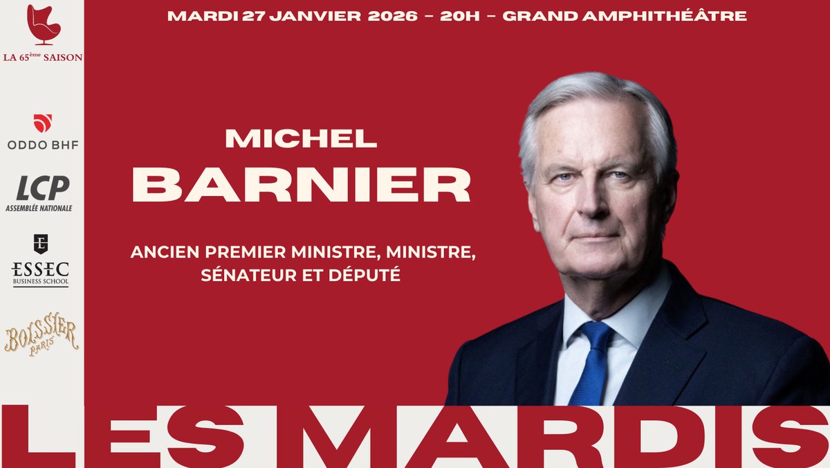 lesmardis's tweet photo. Le mardi 27 janvier, @lesmardis auront le plaisir de recevoir @MichelBarnier, ancien Premier Ministre. 
📍3 avenue Bernard Hirsch, Cergy 
🎟️Réservation obligatoire : https://t.co/7hGnyZPHiq
📷Retransmis en live sur YouTube : https://t.co/KVsTGeTtom
@ODDO_BHF @LCP https://t.co/4tNF4qnYqQ