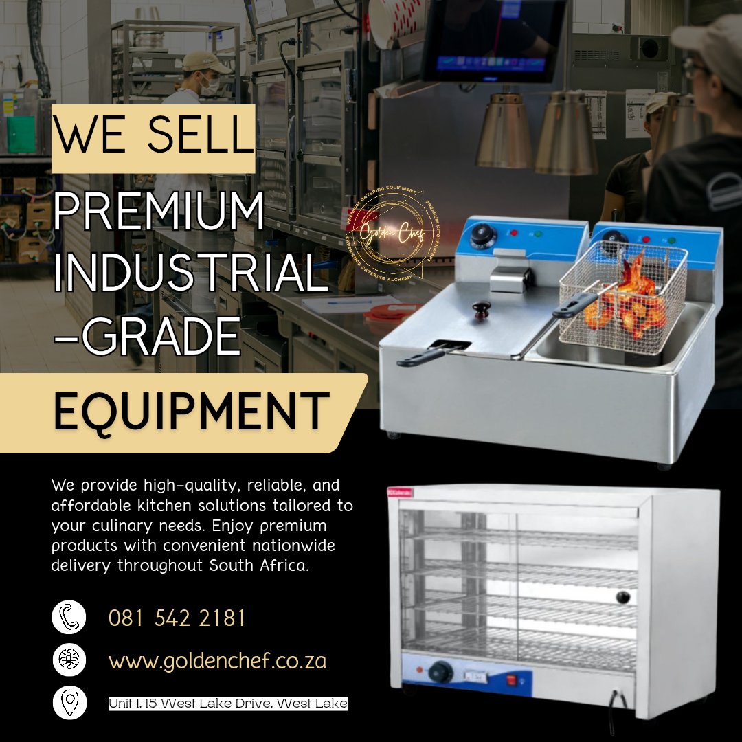 GoldenChefSA's tweet photo. We sell premium industrial-grade kitchen equipment built for busy commercial kitchens.
From frying &amp; catering equipment to refrigeration solutions, Golden Chef supplies reliable, professional kitchen solutions nationwide.

📞 081 542 2181 | 🌐 https://t.co/eBpZHbv1uJ #GoldenChef https://t.co/AT0AuXcM7r