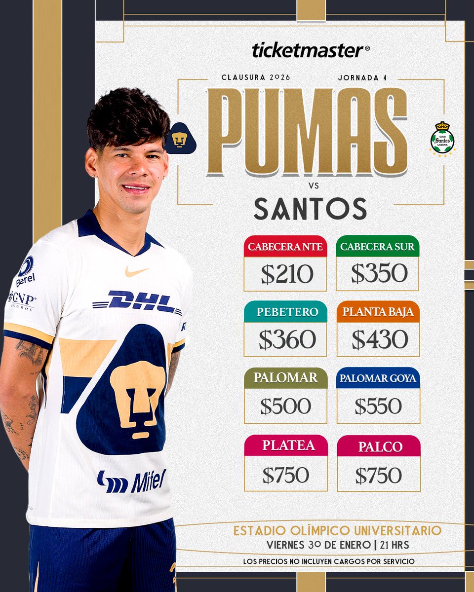 ¡El partido de la jornada 4 se juega en el Olímpico Universitario el viernes 30 de enero a las 21:00 horas! 🏟️

Adquiere ya tus boletos para nuestro encuentro ante Santos, ya disponibles a través de Ticketmaster 🎟️ bit.ly/3Nvfa1G 👈

#UnidosPorLaHistoria