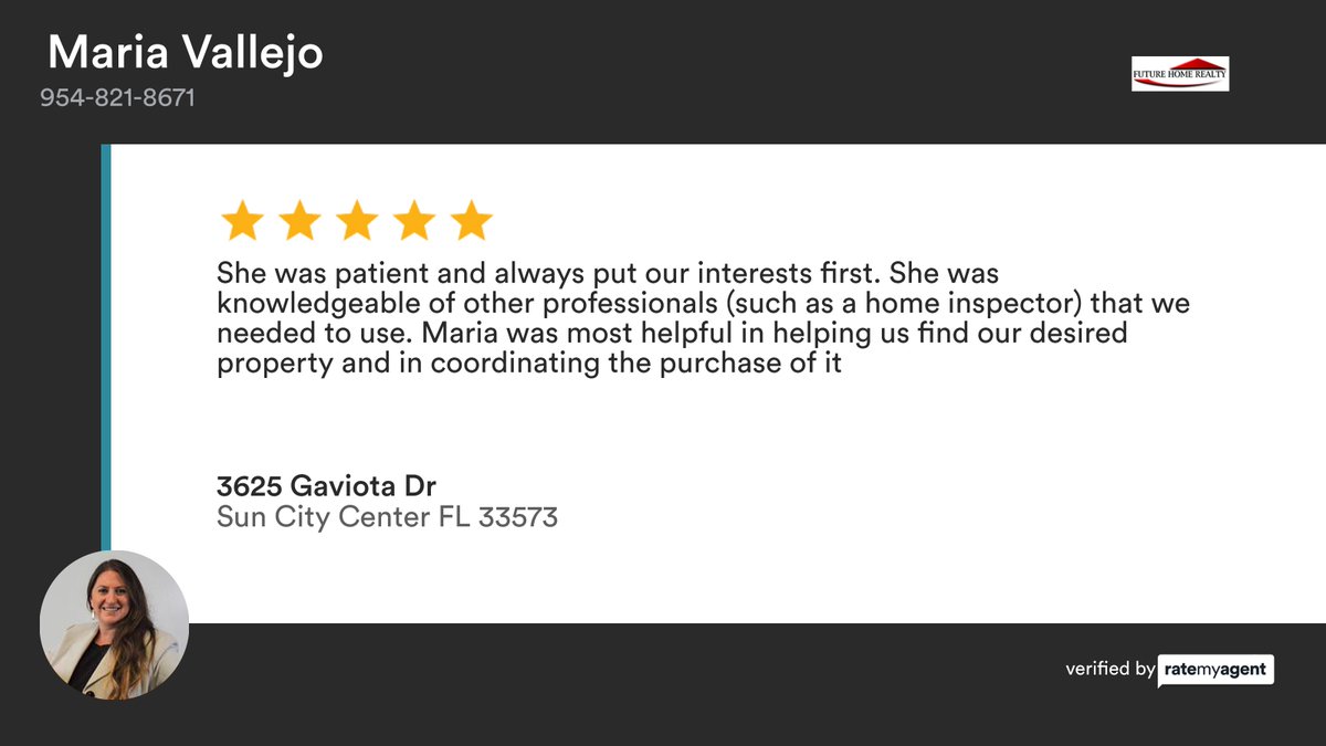 mariaps22's tweet photo. My latest RateMyAgent review inSun City Center.
SL 3440154 
★★★★★
https://t.co/kMDYV2bTzt
...
#ratemyagent #realestate #FUTUREHOMEREALTY  #FloridaHomes #MoveInReady#RealtorLife #HouseGoals #HomeBlessedHome #MariaSpagnuoloVallejo #TampaRealEstate #HomeTour #FamilyHome https://t.co/F2NgLNQHgZ