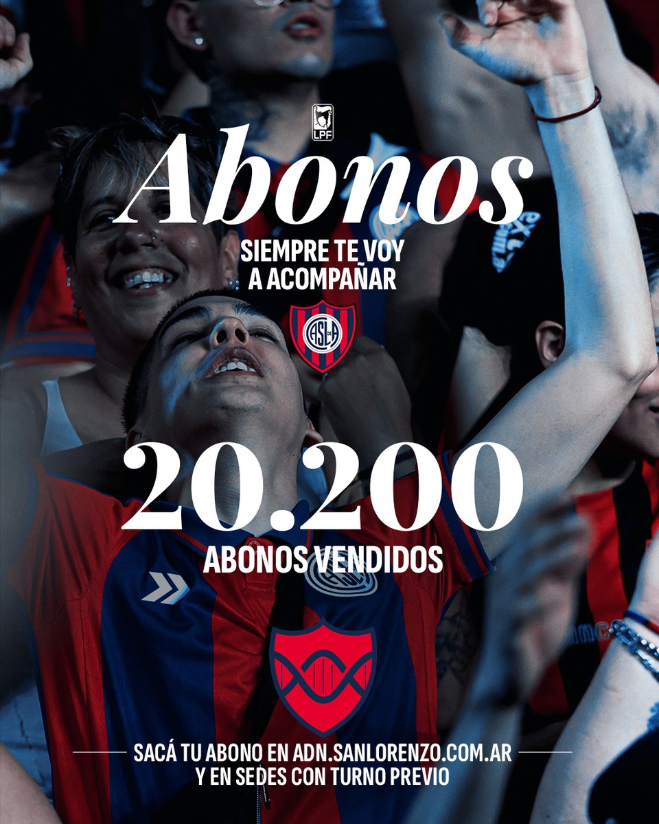 🏟️ ¡Se viene el debut de #SanLorenzo en el Apertura y ya se vendieron 2️⃣0️⃣.2️⃣0️⃣0️⃣ Abonos! ¡Asegurá tu lugar en la platea! ¡Olvidate del Canje para la Popular!

¡Sacá ya tu Abono "Siempre te voy a acompañar" en adn.sanlorenzo.com.ar!

👉 Incluye todos los partidos del Torneo