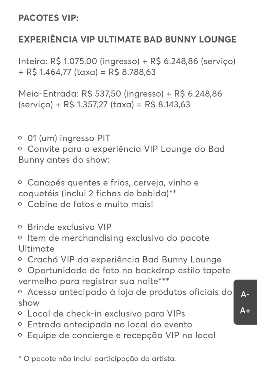 sorriarmy's tweet image. VIP do Bad Bunny e do Harry Styles com preços absurdos e sabe o que é pior?

Os benefícios não mudam e nem parecem serem ligados aos artistas. 

Está parecendo que todo show que a ticketmaster trazer para o brasil, vão lançar esse tipo de “VIP”: cobrar uma fortuna por coquetel e…
