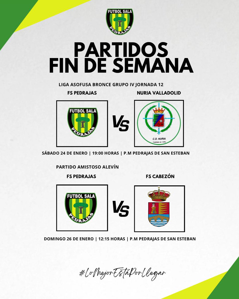 ¡Buenas tardes! Este finde, doble compromiso en casa:

⚽️ El equipo masculino, a dos puntos del líder, quiere mantenerse en la zona alta de la clasificación 
⚽️ Primer amistoso para el equipo alevín

#LoMejorEstáPorLlegar