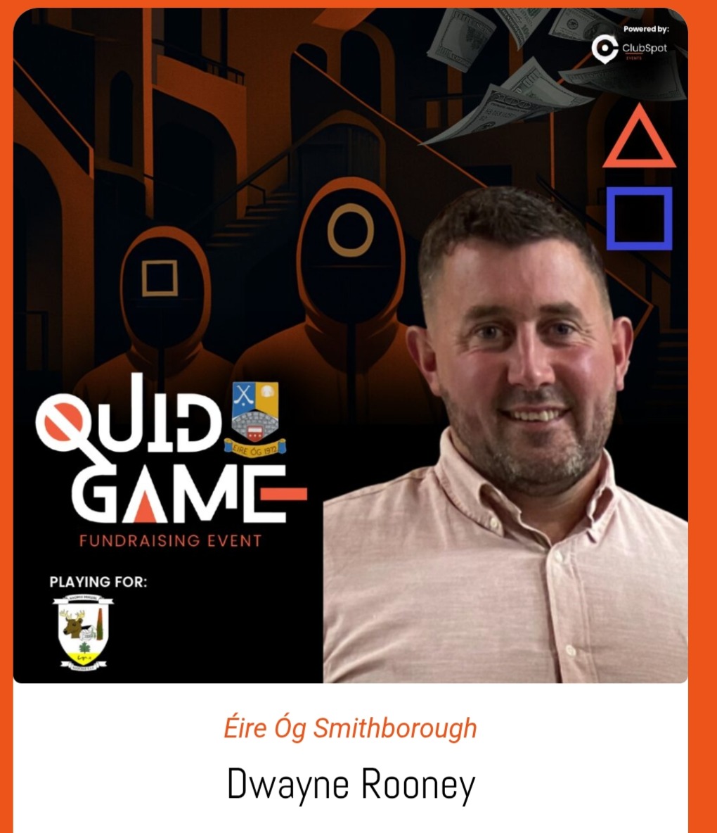RockcorryGAA's tweet photo. The excitement is building as Dwayne Rooney prepares to take part in the Éire Óg GAA QUID GAME fundraising campaign, that takes place on Sunday 1st February in the Hillgrove Hotel. This unique event will see contestants battle it out in a series of skills-based challenges, a true test of accuracy, endurance, and patience, all with the ultimate prize of €10,000, to be shared between themselves or their chosen club or charity.

Dwayne has proudly selected his club, Rockcorry GAA, as his cause. With determination and community pride behind him, we’re all rooting for his success in the upcoming games. May his skill, endurance, and patience shine through on the night, because every effort he makes brings Rockcorry closer to that incredible prize.

We’re wishing Dwayne the very best as he trains hard for the big night, and as the shows tagline reminds us: “The game will not stop. Defy gravity. Stop at nothing to win.”

Anyone looking tickets please contact either Dwayne, Tina or Sean.

Best of luck, Dwayne!