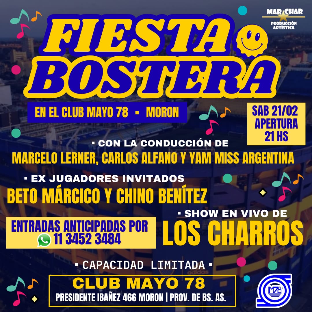 Vero_Luna_OK's tweet photo. Una producción de #Marchar

💥EL ▪︎ CLUB MAYO 78 Y #Boca TE INVITAN A LA FIESTA MÁS BOSTERA EN MORON 💙💛💙

🎤 @marcelolerner1 @carlosalfano @yammissargOK

⚽️ INVITADOS #BetoMarcico Y #ChinoBenitez

🎽 SORTEOS 

🎶 SHOW #EnVivo #LosCharros 

✅️ MÁS INFO @DesbocadosOK https://t.co/0ThK0lrWU8