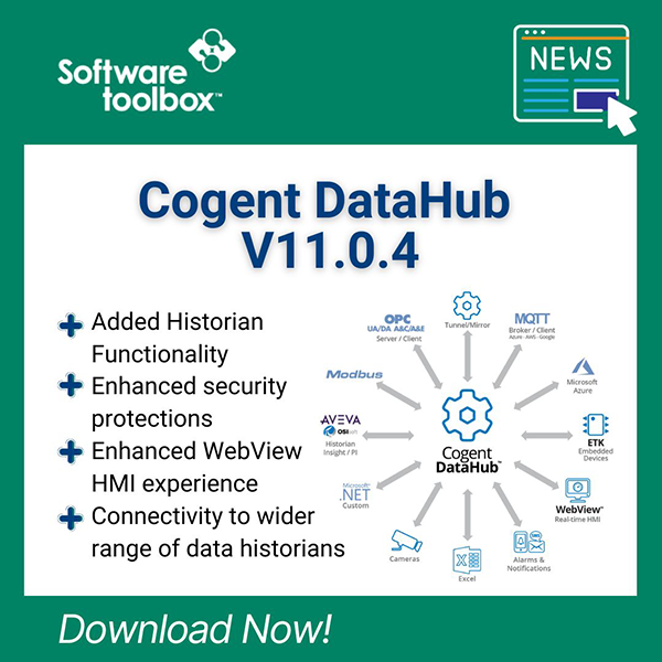 There’s an updated release of #cogentdatahub with:
➕ New functionality
➕ A stronger security model
➕ An enhanced WebView HMI experience
➕ Connectivity to a wider range of data historians
👉 bit.ly/49RUF72

#securebydesign #realtime#industrialai #industrialiot