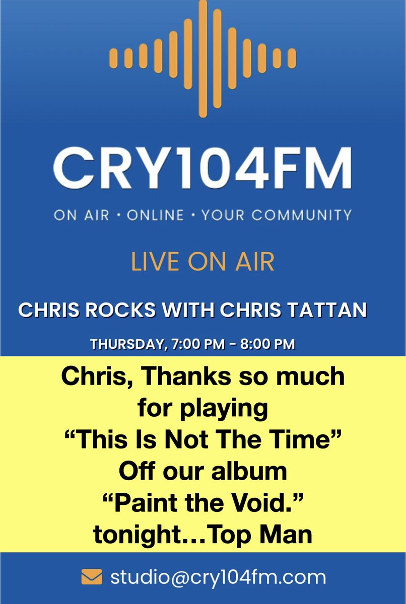 ScreamingYogas's tweet photo. Chris, Thanks so much  for playing “This Is Not The Time” Off our album “Paint the Void.” tonight…Top Man
https://t.co/tyiniMhfg7 https://t.co/2Vm4fL9Yps