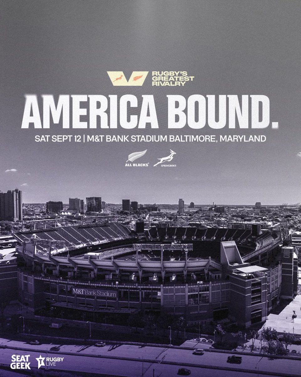 AllBlacks's tweet photo. America Bound! 🇺🇸 

Our fourth Test in @rugbysgreatestrivalrytour is heading to M&amp;T Bank Stadium, Baltimore 🐦‍⬛

Head to https://t.co/ZXihmWlX0A to sign up for ticket presale 🎟️ https://t.co/Yasblxwnqt