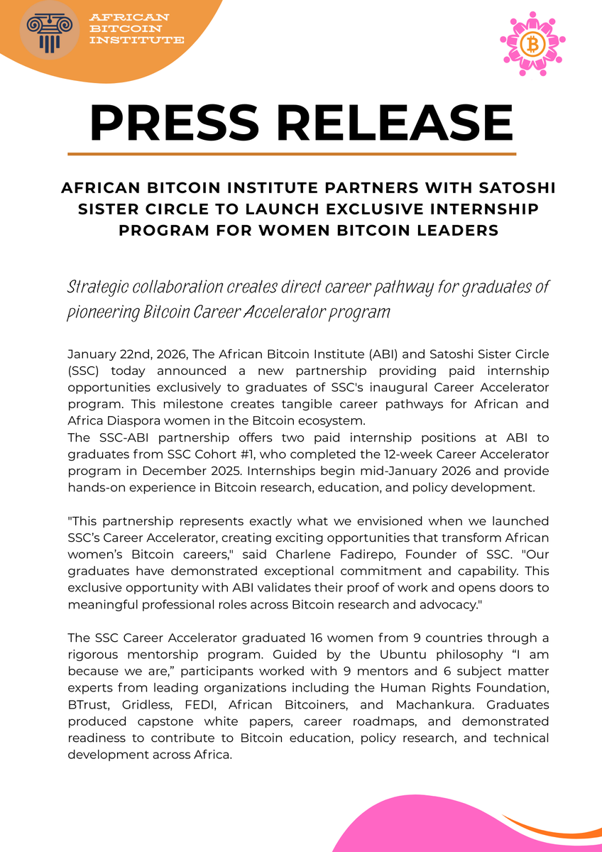 SatSisterCircle's tweet photo. Big news for women building in Bitcoin ⚡

 We’re thrilled to announce a powerful new partnership 👇
@AfriBitInst  × @SatSisterCircle 
 Launching an exclusive paid internship program for the next generation of women Bitcoin leaders. 🚀 https://t.co/2R3ZY3H8w1