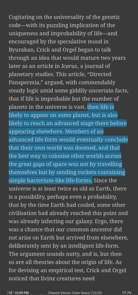 Francis Crick talks about panspermia (life spreading between solar systems).