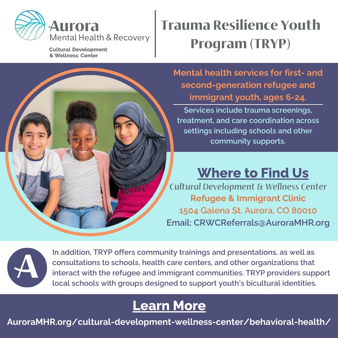 #MentalHealth is a vital concern for #Refugee and #Immigrant youths. Our Trauma Resilience Youth Program (TRYP) ensures they receive the #Care and #Resources they need to succeed in #Aurora and beyond. Visit our website to learn more: auroramhr.org/cultural-devel…