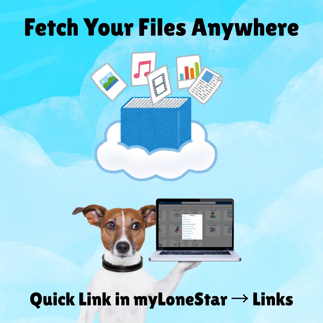 LSCots's tweet image. Your files. Anywhere. ☁️

LSC employees &amp;amp; students have OneDrive with Microsoft 365 to access files anytime, on any device.

🔗 Quick link in myLoneStar → Links
🐾 OTiS says: store it once, fetch it anywhere.

#OneLSC #Microsoft365 #DigitalCampus #StudentSuccess #LSCOTS