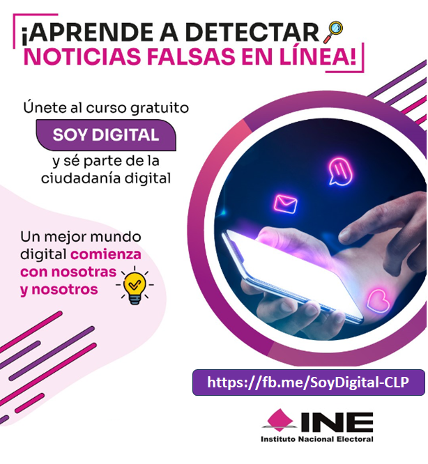 ColimaIne's tweet image. ¡𝗔𝗣𝗥𝗘𝗡𝗗𝗘 𝗔 𝗗𝗘𝗧𝗘𝗖𝗧𝗔𝗥 𝗡𝗢𝗧𝗜𝗖𝗜𝗔𝗦 𝗙𝗔𝗟𝗦𝗔𝗦 𝗘𝗡 𝗟𝗜́𝗡𝗘𝗔!
Únete al curso gratuito Soy Digital 2026 y aprende a navegar con seguridad. ✨
👉 Dale click al link: fb.me/SoyDigital-CLP
#INE #ENCÍVICA #CapacitaciónDigital #SoyDigital #EducaciónCívica