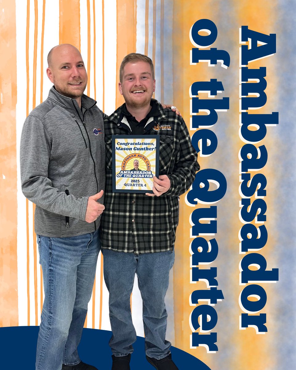 CraftsmanAC's tweet photo. Huge congratulations to Mason, our Ambassador of the Quarter! 🎉 Nominated by his peers, this recognition says everything about the positive impact he makes every day. We are so proud to have him as part of our awesome Chantilly team!. 👏🚗 https://t.co/C9fraBmLQ1