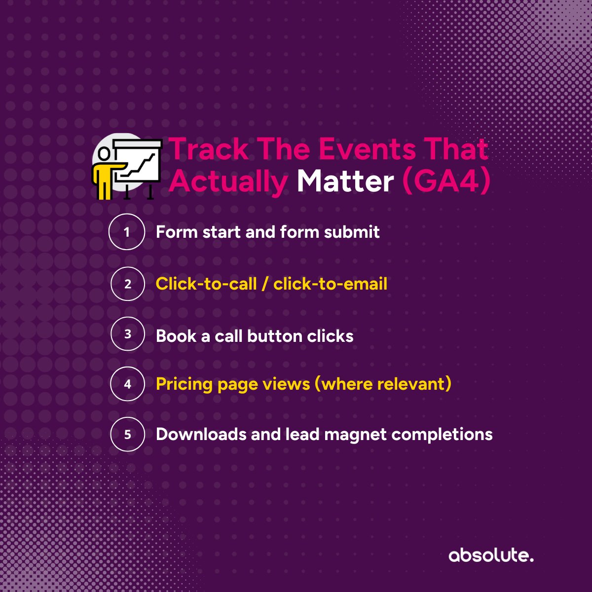 📊 GA4 tip: track intent, not vanity.

✅ Form start + submit
📞 Click-to-call/email
📅 Book-a-call clicks
💷 Pricing page views
⬇️ Download completions

#GA4 #Analytics  #GA4Tips #DigitalAnalytics #EventTracking