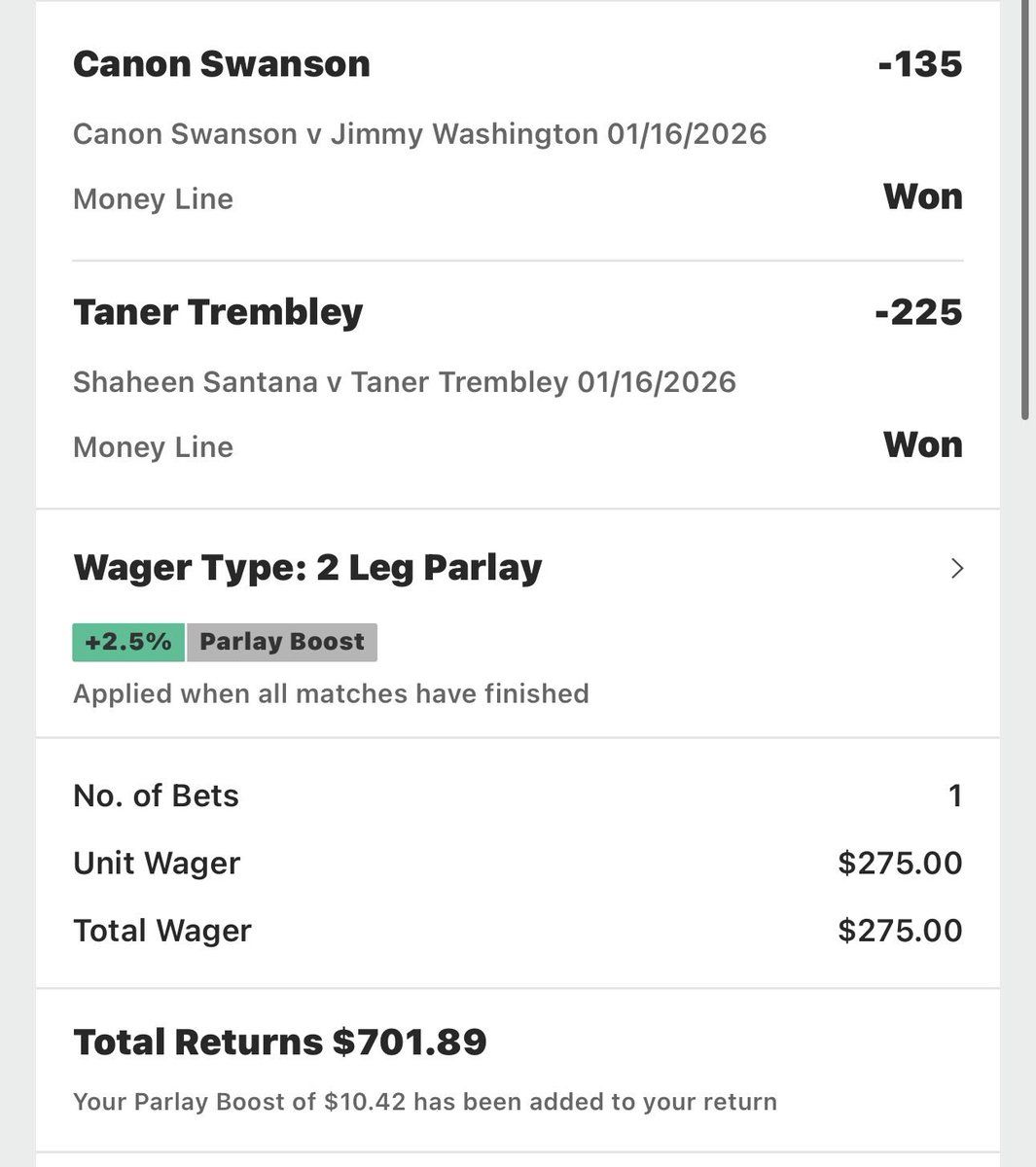 StonePicks's tweet photo. We cashed this 2 leg in the cord last Friday night, your not going to wanna miss LFA &amp; UFC this year. >> https://t.co/fLMA9Ew9rY

#GamblingTwitter #SportsBettingX https://t.co/JmhQkJ69J9