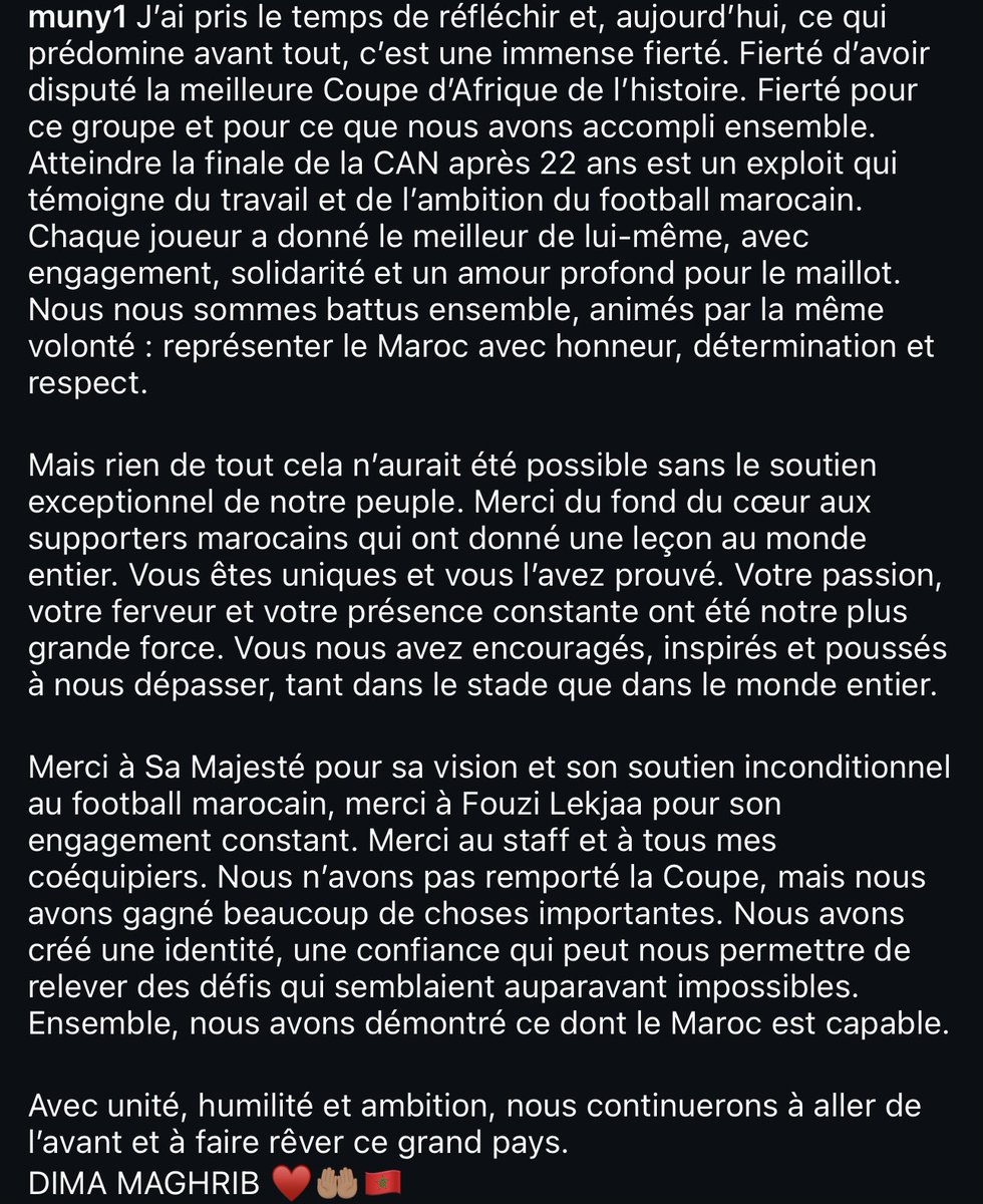 FRMFXtra's tweet image. 📲 Munir El Kajoui sur IG :  

« Fiers d’avoir disputé la meilleure CAN de l’histoire...

Nous n'avons pas remporté la Coupe, mais nous avons créé une identité, une confiance qui peut nous permettre de relever des défis qui semblaient auparavant impossibles.... #DimaMaghrib 🇲🇦❤️»