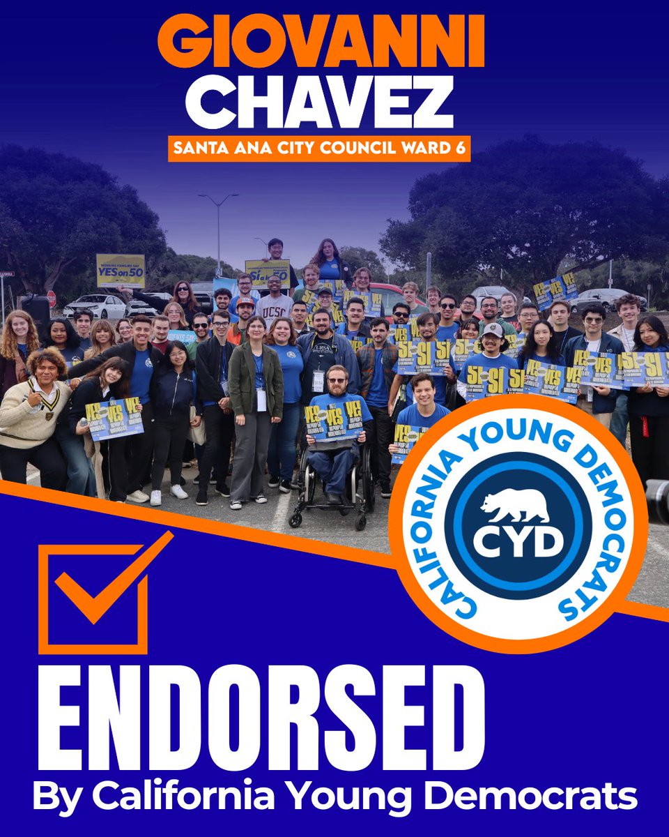 GioChavezCA's tweet photo. I’m honored to have the endorsement of the California Young Democrats for Santa Ana City Council Ward 6. Our campaign is a grassroots effort led by many young people and students. I will work tirelessly to make sure our City is addressing the needs of young people! https://t.co/Bk1XQEOybN
