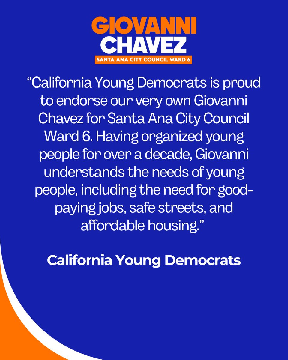 GioChavezCA's tweet photo. I’m honored to have the endorsement of the California Young Democrats for Santa Ana City Council Ward 6. Our campaign is a grassroots effort led by many young people and students. I will work tirelessly to make sure our City is addressing the needs of young people! https://t.co/Bk1XQEOybN