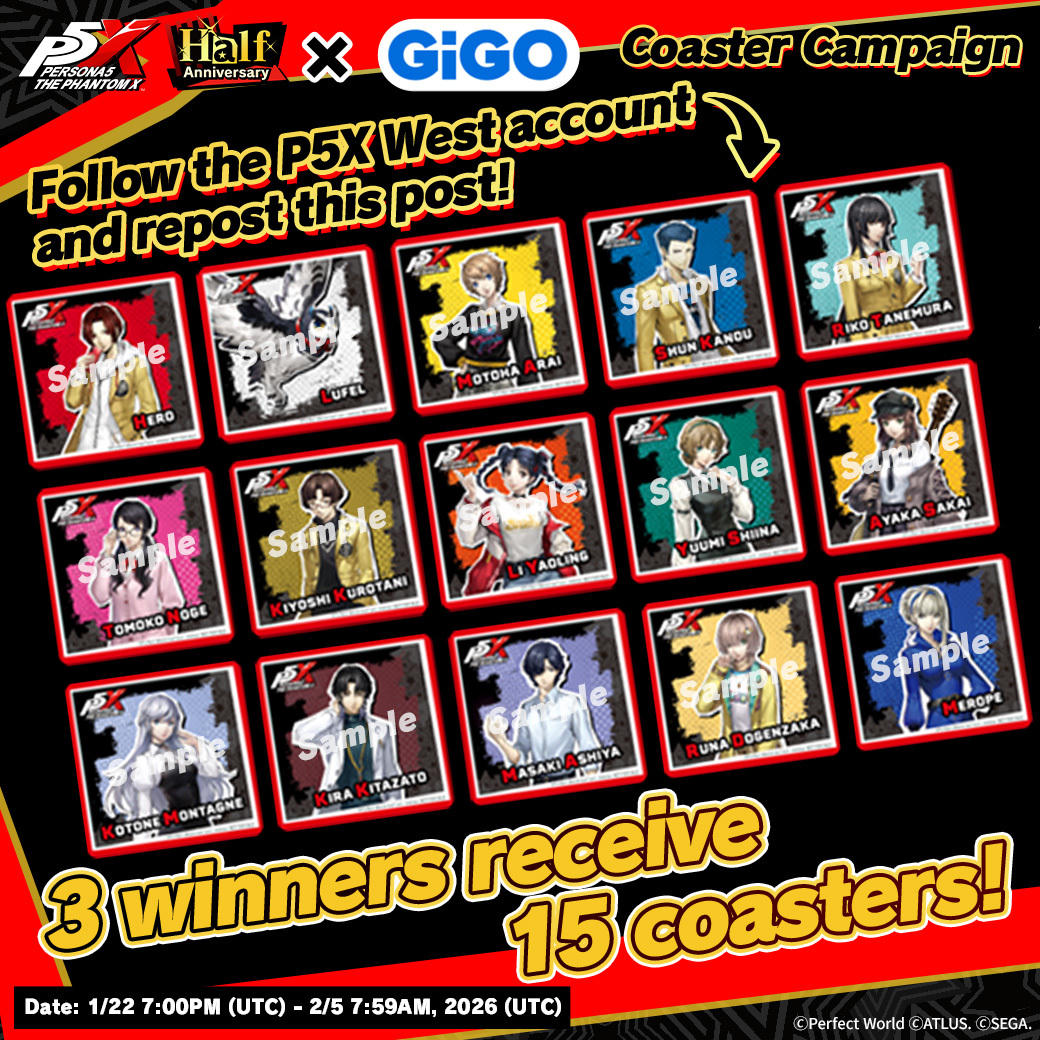 Get your sippin' on with these #P5X drink coasters!
We're giving them away to you! Enter our GiGO Coaster Campaign to win!

-Follow us <a href="/P5XOfficialWest/">Persona5: The Phantom X (Official West)</a>
-Repost this post

Three winners will win a set of #P5X coasters!

See contest rules: persona5x.com/rules/en/terms…